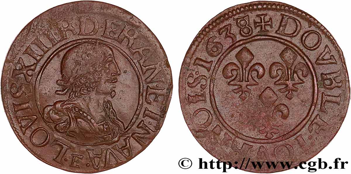 LOUIS XIII  Double tournois, 16e type de Tours 1638 Tours fSS