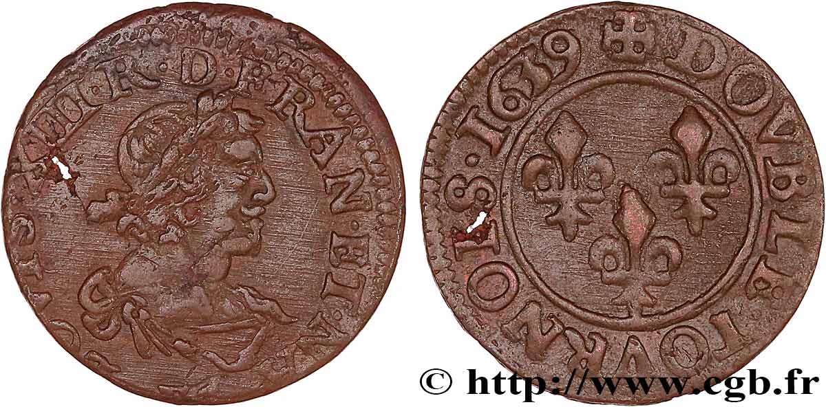 LOUIS XIII  Double tournois au grand buste viril drapé 1639 Atelier indéterminé XF