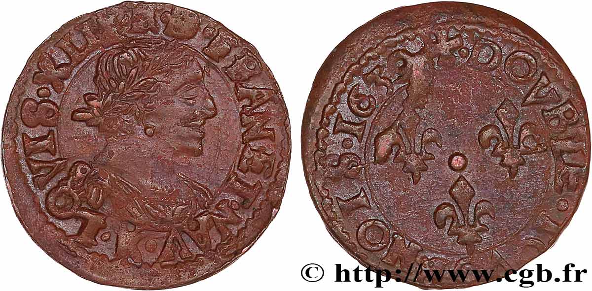 LOUIS XIII LE JUSTE Double tournois, type 14 1639 Bordeaux TTB