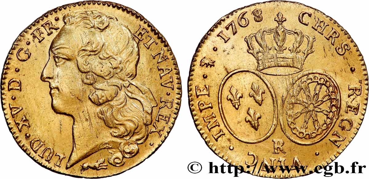 LOUIS XV THE BELOVED Double louis d’or aux écus ovales, tête ceinte d’un bandeau 1768 Orléans AU