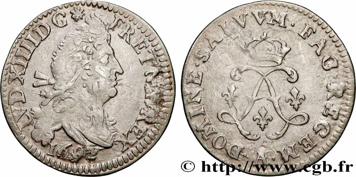 LOUIS XIV  THE SUN KING  Quatre sols aux deux L 1692 Paris SS