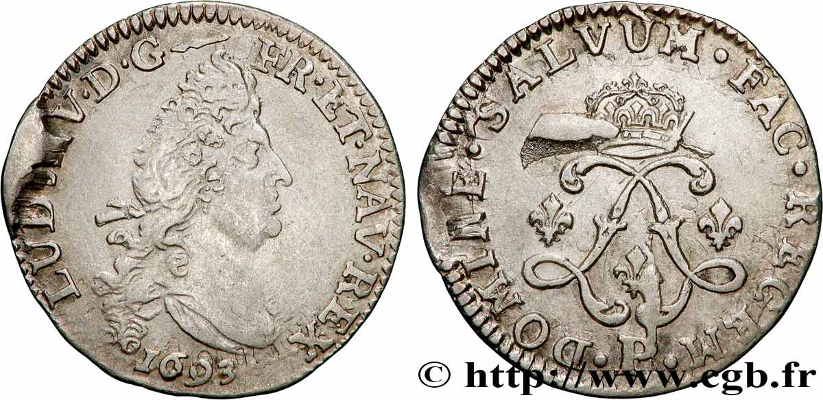 LOUIS XIV LE GRAND OU LE ROI SOLEIL Quatre sols aux deux L 1693 Dijon TTB