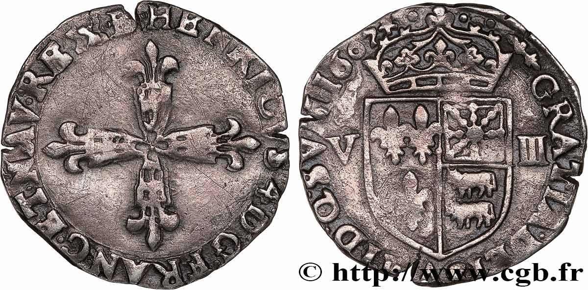 HENRI IV LE GRAND Huitième d écu de Béarn 1607 Morlaàs TTB