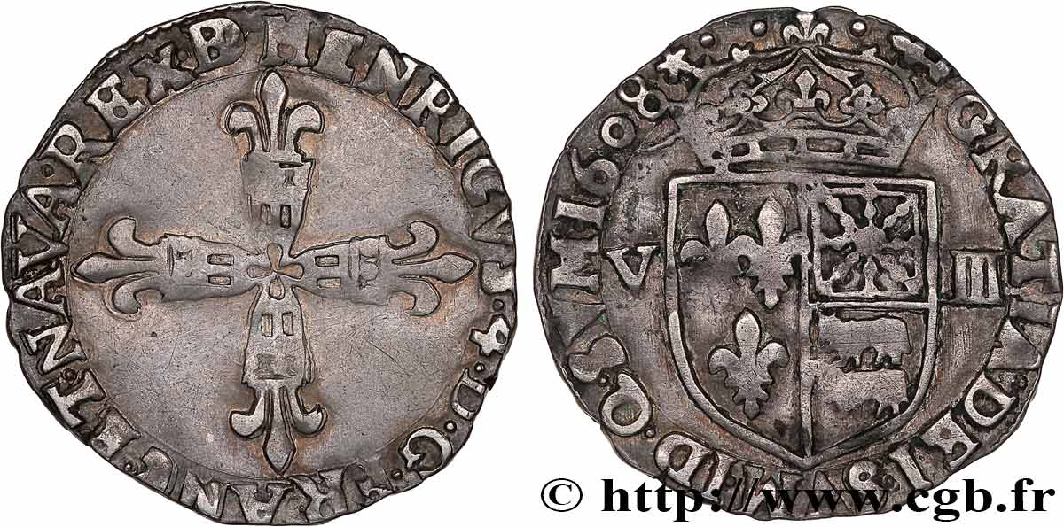 HENRY IV Huitième d écu de Béarn 1608 Morlaàs XF