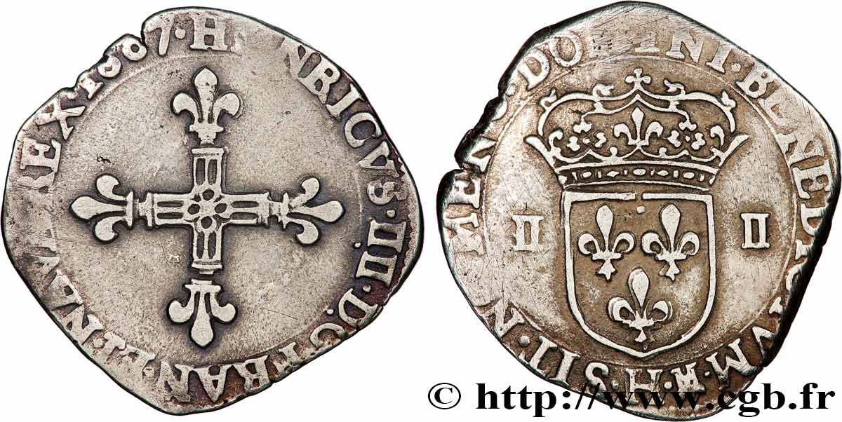 HENRY IV Quart d écu, croix bâtonnée et fleurdelisée de face 1607 La Rochelle BB