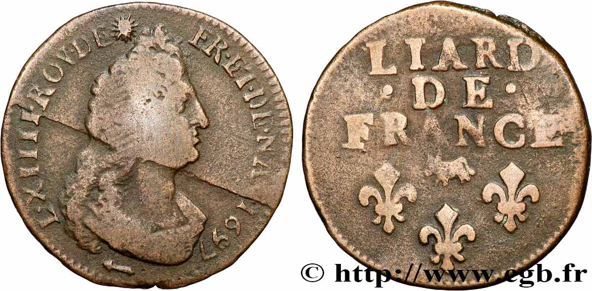 LOUIS XIV LE GRAND OU LE ROI SOLEIL Liard, 3e type, buste âgé 1697 Pau TB/TB+