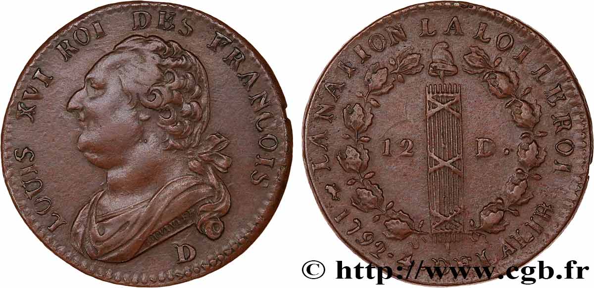 LOUIS XVI (MONARQUE CONSTITUTIONNEL)  12 deniers dit &nbsp;au faisceau&nbsp;, type FRANCOIS 1792 Lyon SUP