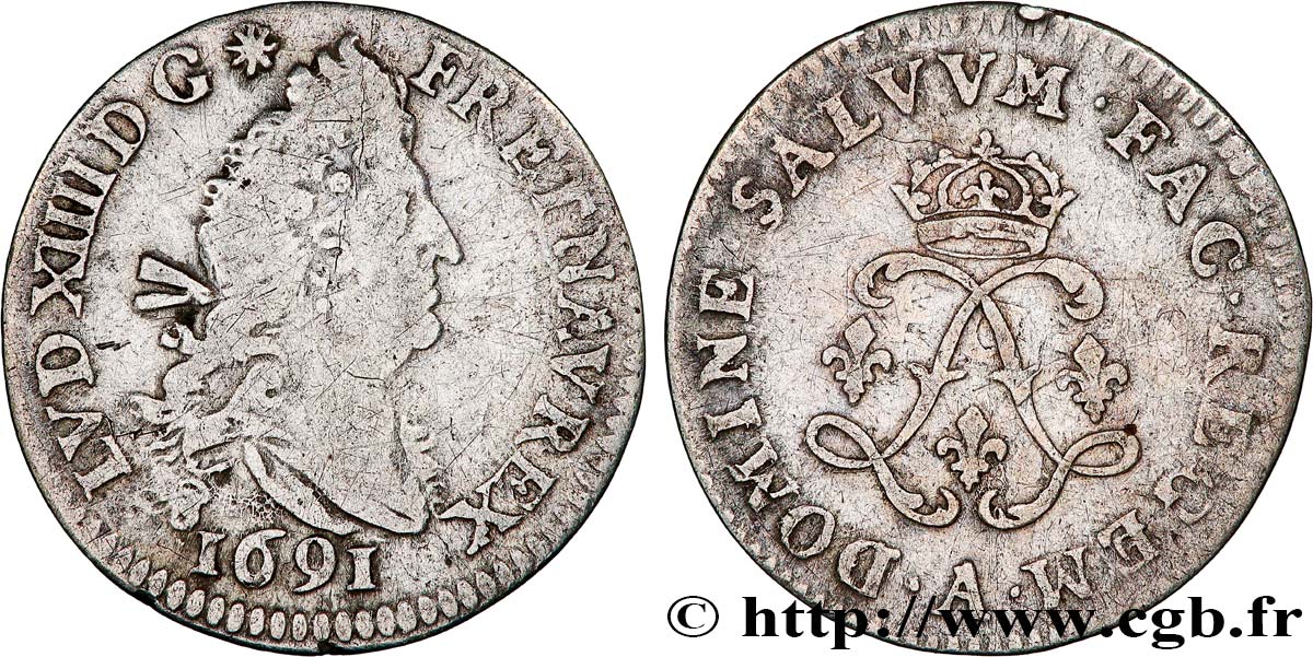 LOUIS XIV &nbsp;THE SUN KING&nbsp; Quatre sols aux deux L 1691 Paris VF/XF