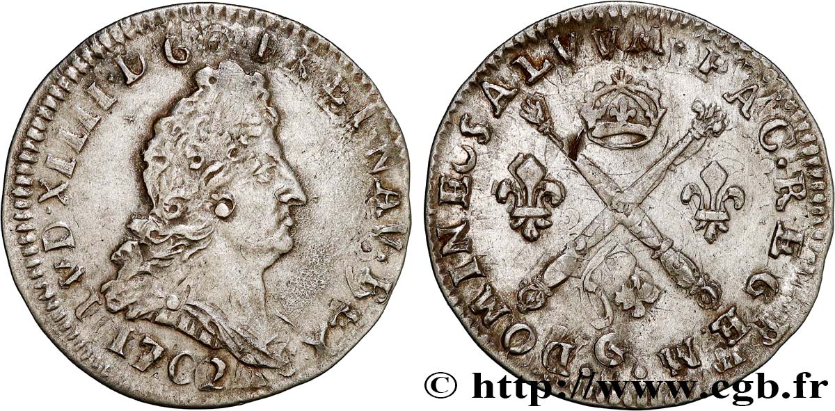 LOUIS XIV  THE SUN KING  Cinq sols aux insignes 1702 Poitiers q.SPL