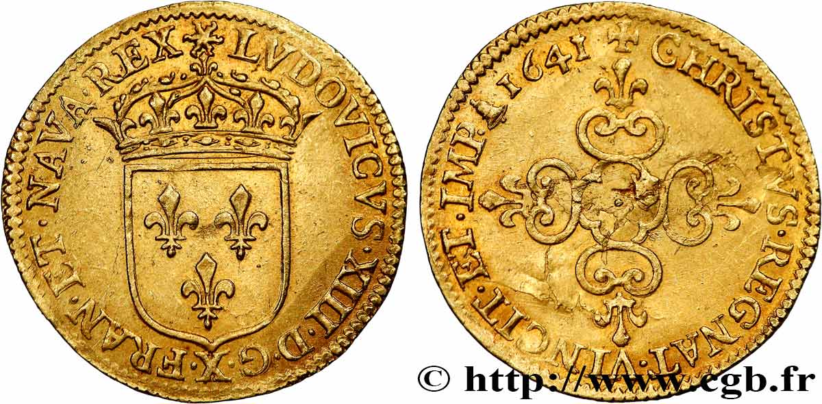 LOUIS XIII LE JUSTE Écu d or au soleil, à la croix anillée fleurdelisée 1641 Amiens SUP/TTB+