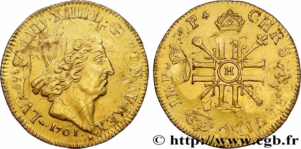 LOUIS XIV  THE SUN KING  Double louis d or aux huit L et aux insignes 1701 La Rochelle SPL