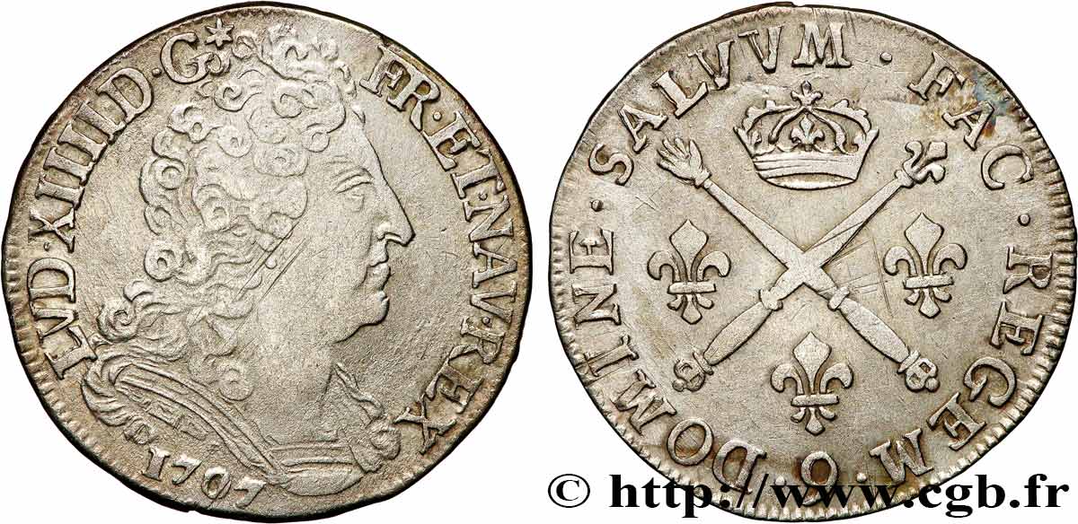 LOUIS XIV  THE SUN KING  20 sols aux insignes 1707 Rennes XF