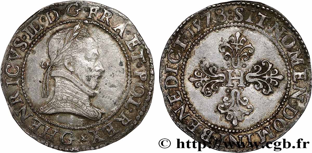 HENRY III Franc au col plat 1578 Poitiers VF/XF