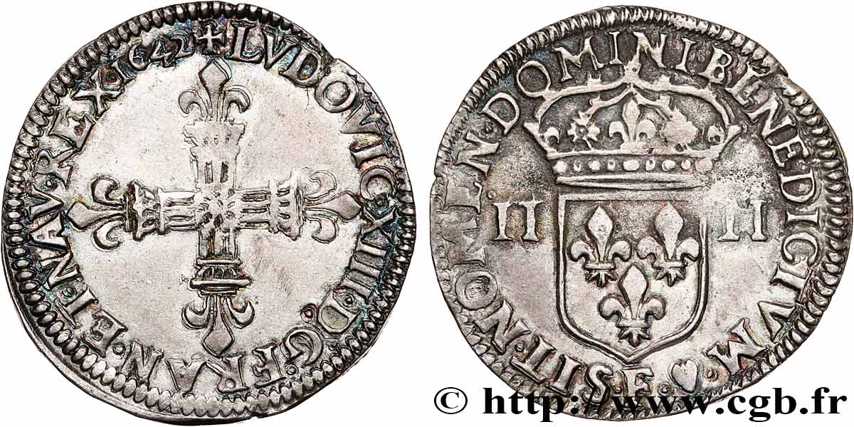 LOUIS XIII  Quart d écu, à la croix fleurdelisée, titulature côté croix 1642 Angers q.SPL
