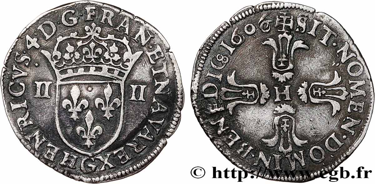 HENRI IV LE GRAND Quart d écu, écu de face, 3e type 1606 Poitiers TTB+