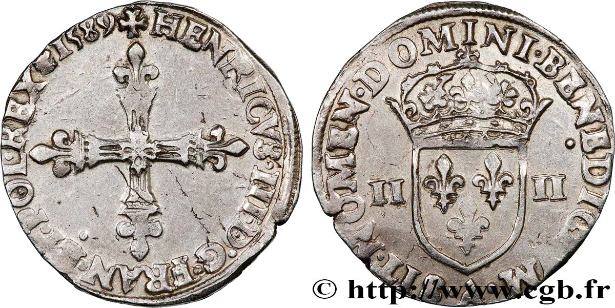 HENRY III Quart d écu, croix de face 1589 Paris SS