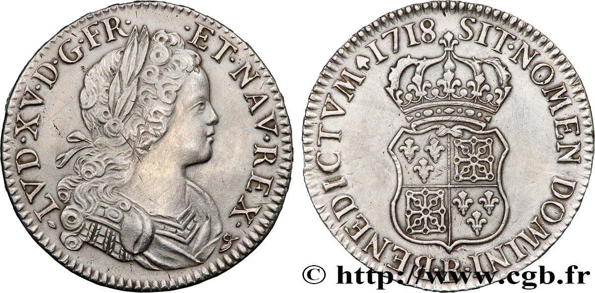 LOUIS XV  THE WELL-BELOVED  Écu dit  de France-Navarre  1718 Rouen MBC+