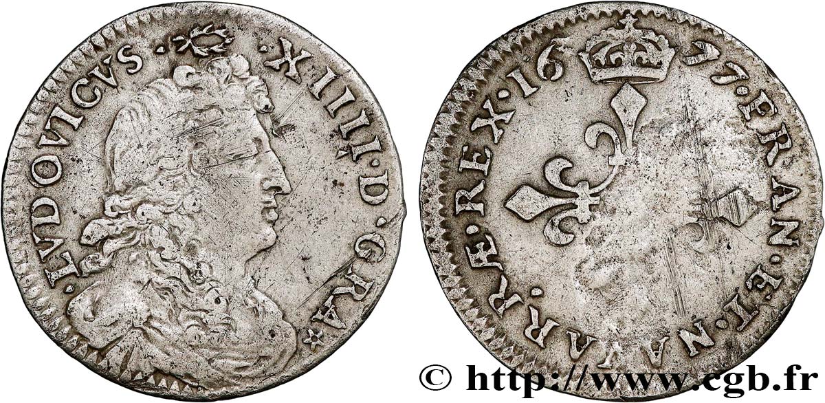 LOUIS XIV  THE SUN KING  Quatre sols à la croix formée de lis 1677 Paris SS