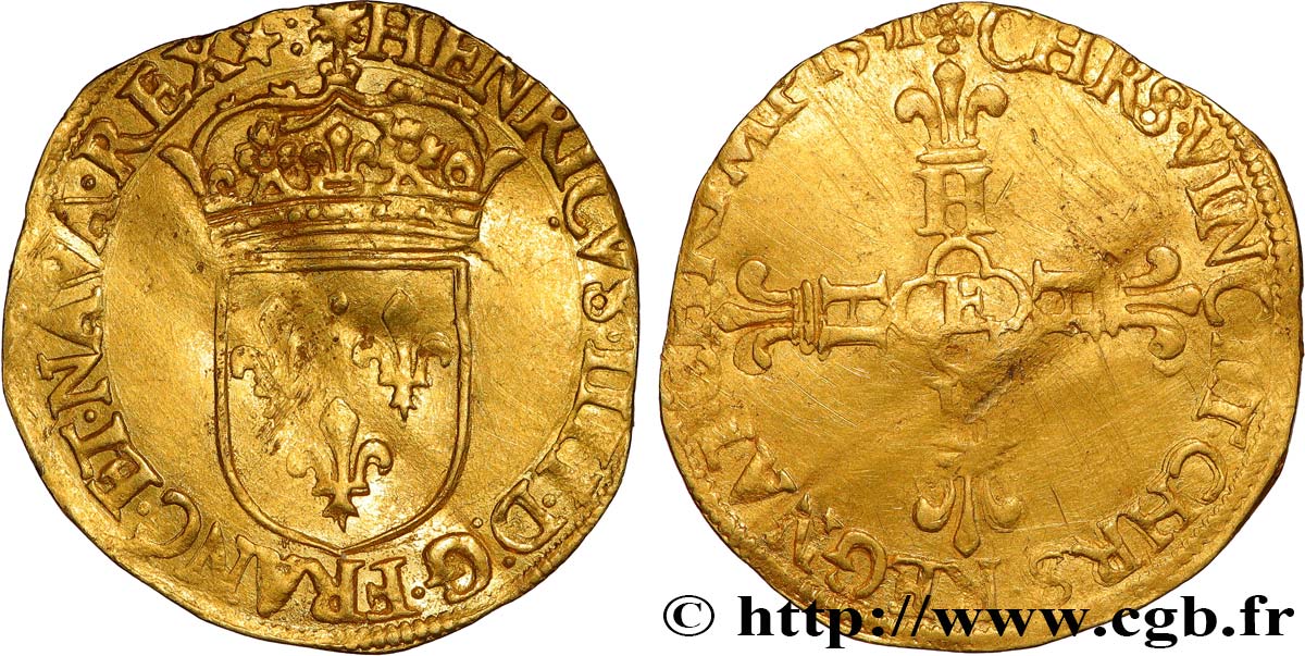 HENRY IV Écu d or au soleil, 2e type 1591 Tours BB/q.BB