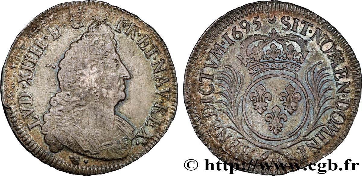 LOUIS XIV LE GRAND OU LE ROI SOLEIL Demi-écu aux palmes 1695 Lyon TTB