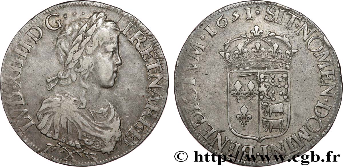 LOUIS XIV  THE SUN KING  Écu de Béarn, portrait à la mèche longue 1651 Pau XF/AU
