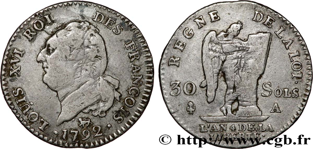 LOUIS XVI (MONARQUE CONSTITUTIONNEL)  30 sols dit &nbsp;au génie&nbsp;, type FRANÇOIS 1792 Paris TB+/TB