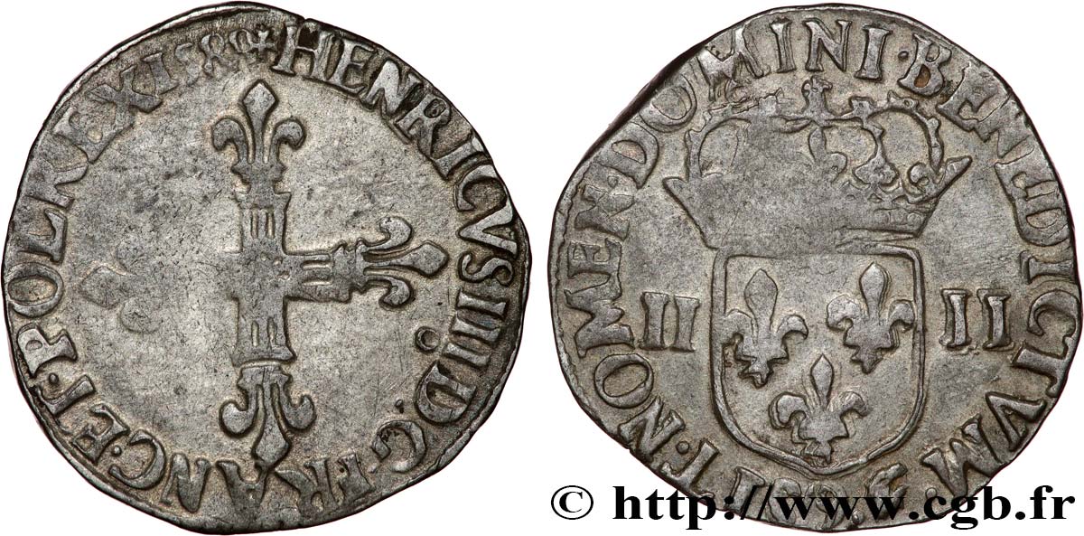 HENRI III Quart d écu, croix de face 1588 Rennes TTB