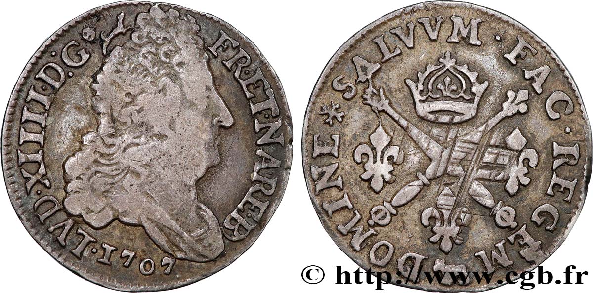 LOUIS XIV  THE SUN KING  10 sols aux insignes 1707 Pau BC+/MBC