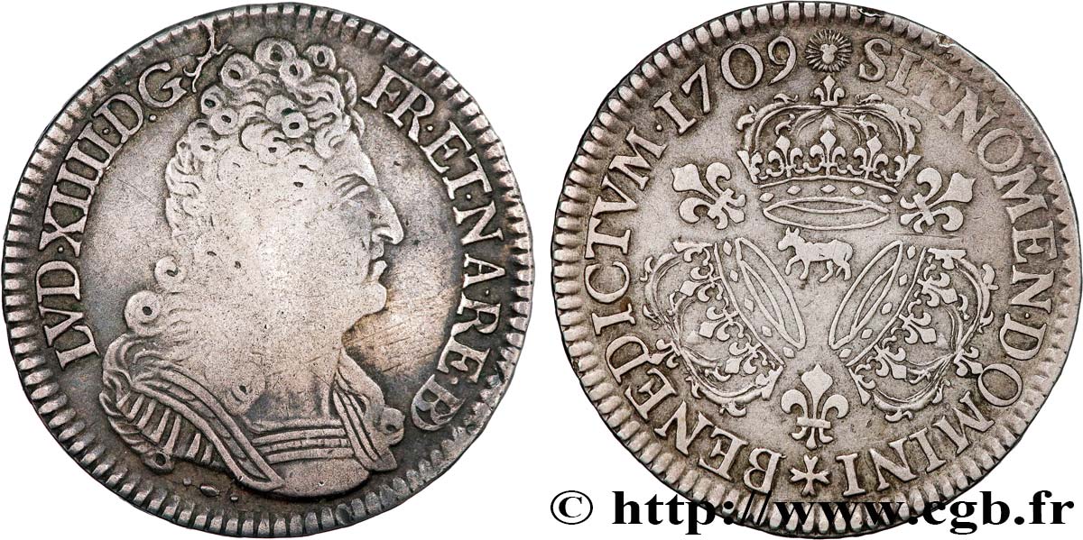 LOUIS XIV  THE SUN KING  Demi-écu aux trois couronnes 1709 Pau VF/XF