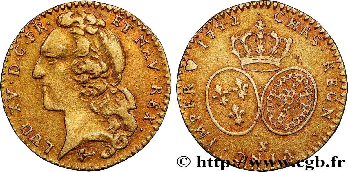 LOUIS XV DIT LE BIEN AIMÉ Demi-louis d’or aux écus ovales, tête ceinte d’un bandeau 1742 Amiens TTB+