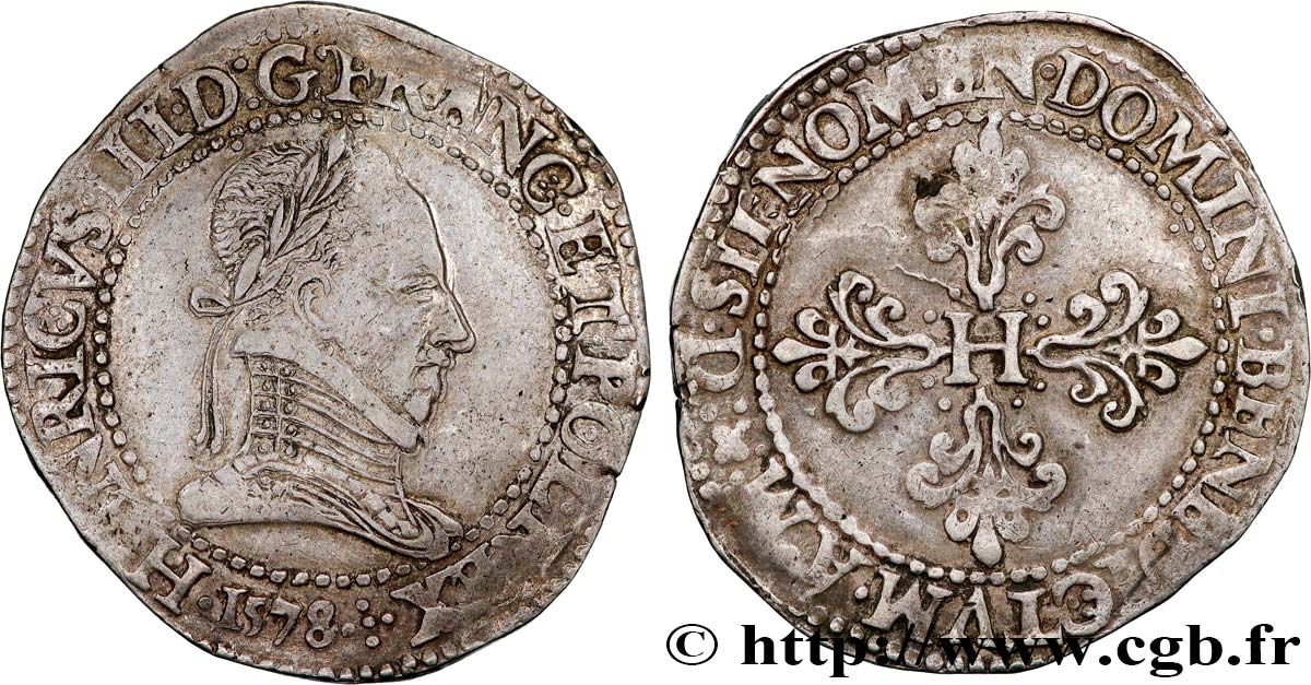 HENRI III Franc au col plat 1578 Lyon TTB