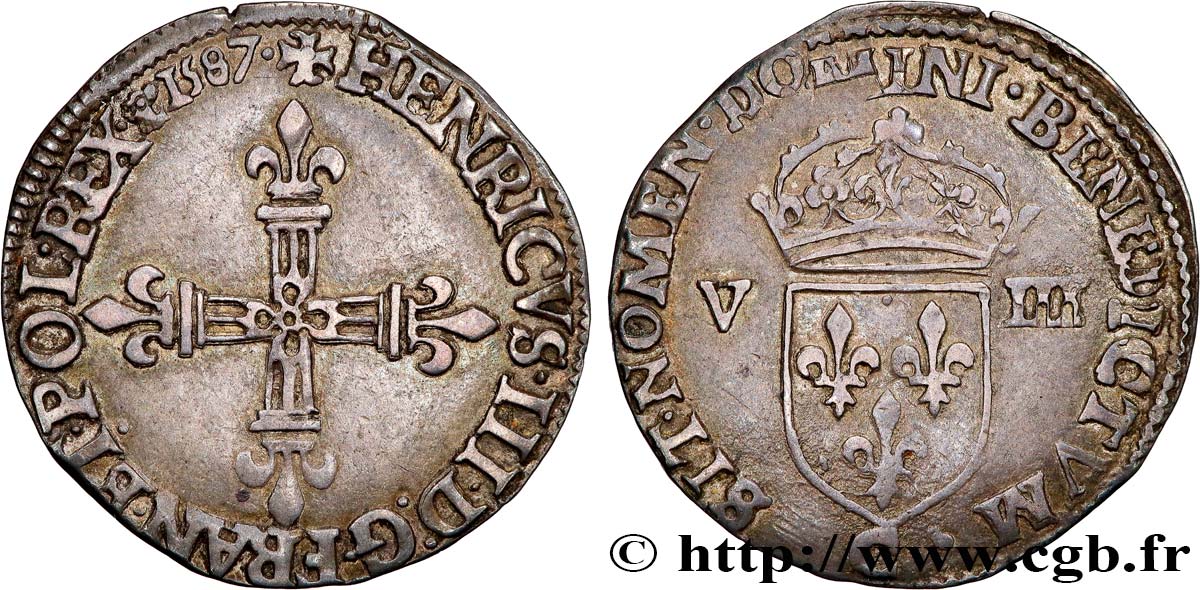 HENRI III Huitième d écu, croix de face 1587 Saint-Lô TTB+/TTB