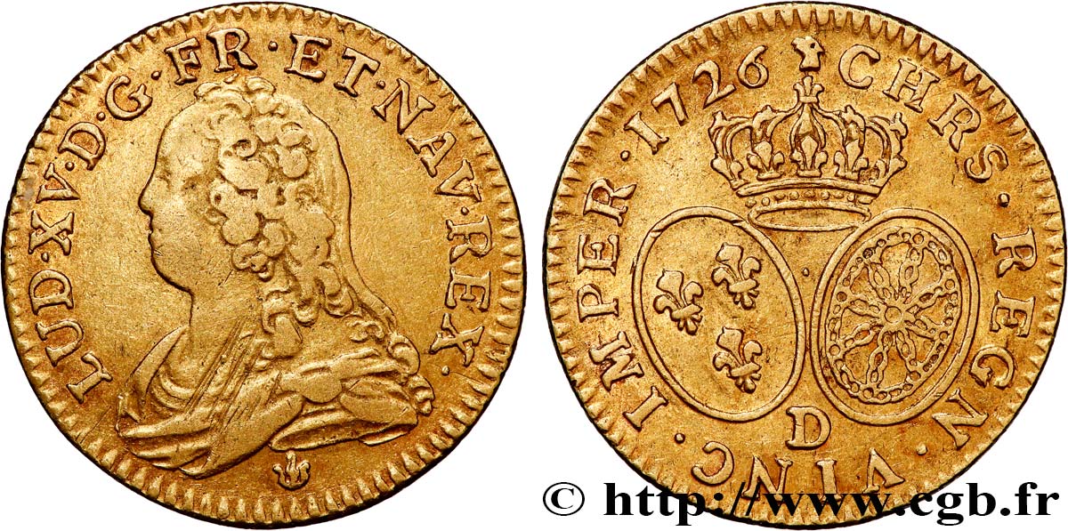 LOUIS XV  THE WELL-BELOVED  Louis d or aux écus ovales, buste habillé 1726 Lyon VF/XF