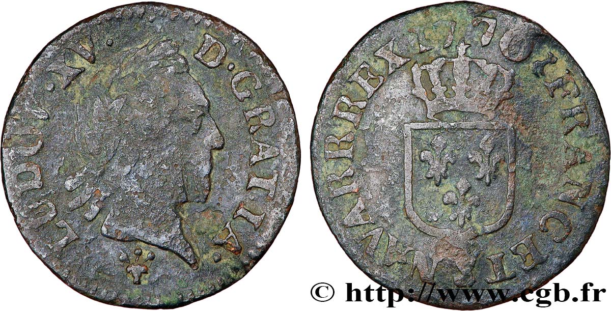 LOUIS XV DIT LE BIEN AIMÉ Liard dit  à la vieille tête  1770 Reims TB