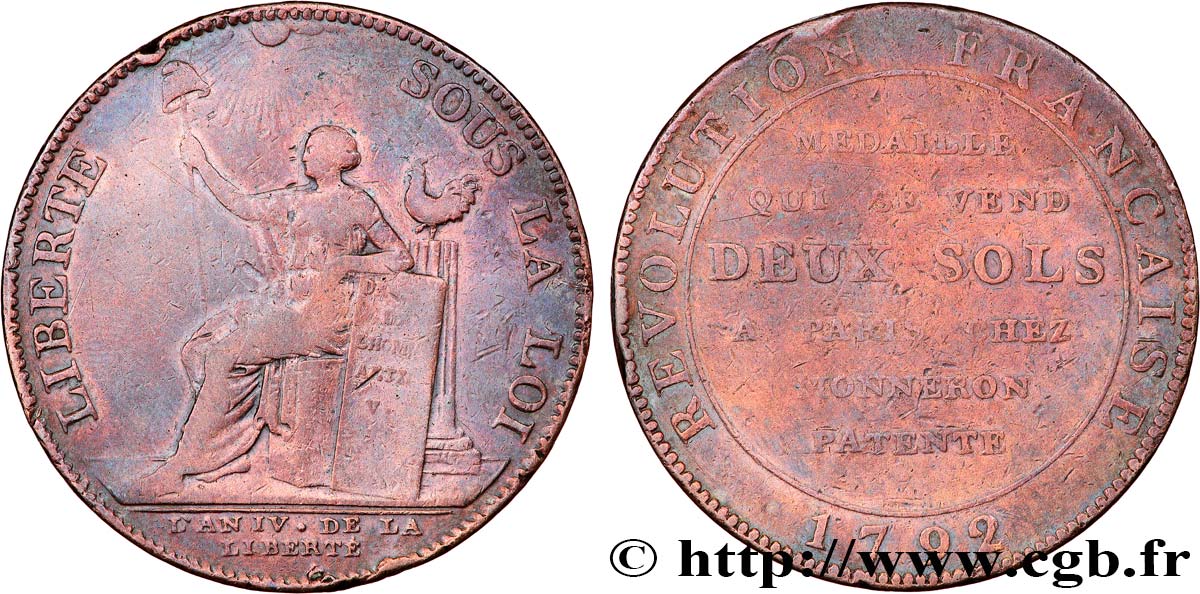 REVOLUTION COINAGE Monneron de 2 sols à la Liberté 1792 Birmingham, Soho VF