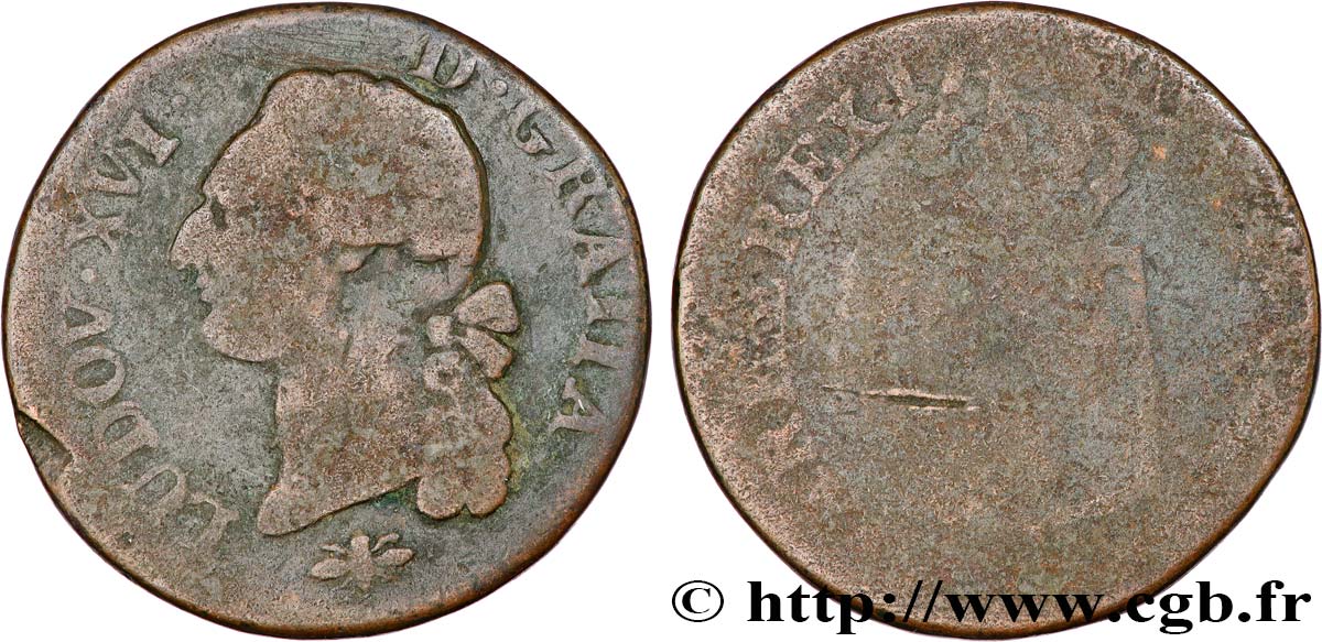 LOUIS XVI (MONARQUE CONSTITUTIONNEL)  Sol dit  à l écu  1791 Lyon B+/B