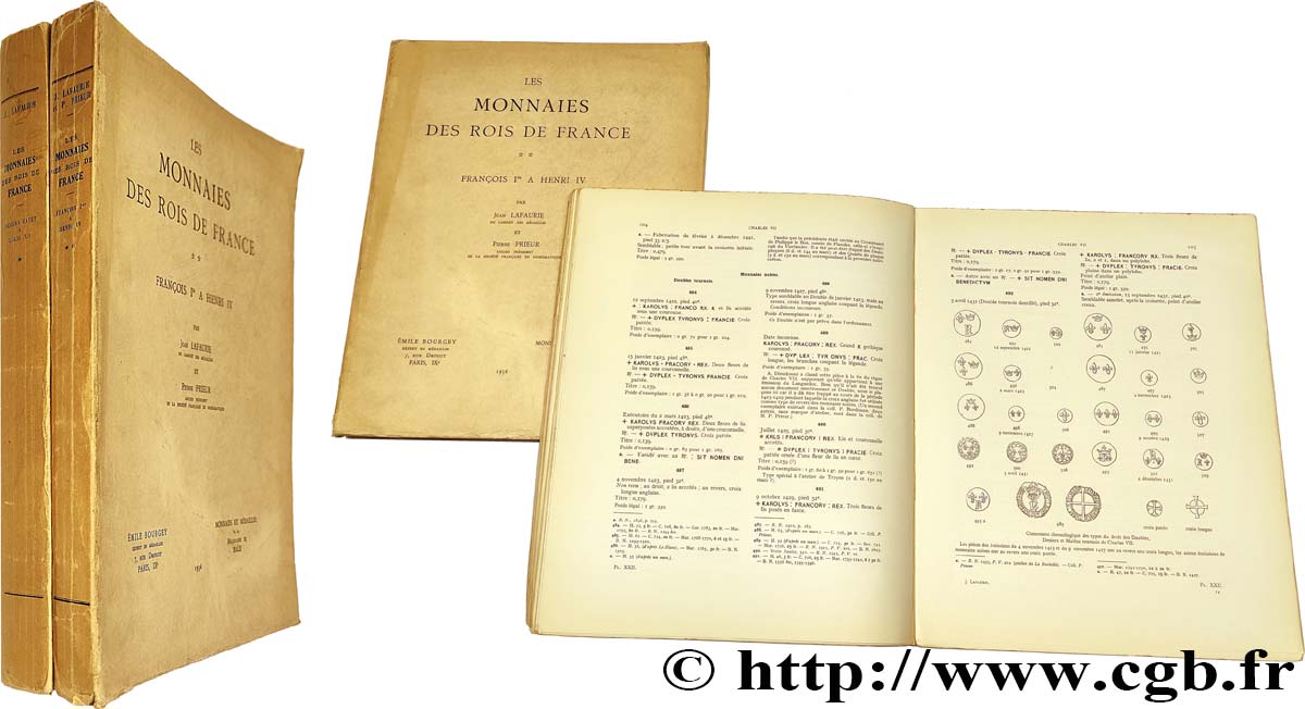 BÜCHER Lafaurie (Jean) et Prieur (Pierre)., “Les monnaies des rois de France, tome I, Hugues Capet à Louis XII, 1951 et tome II, François Ier à Henri IV”, Paris-Bâle, 1956 n.d.  fVZ