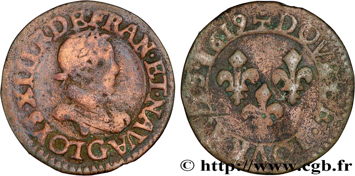 LOUIS XIII  Double tournois, type 2 de Poitiers 1619 Poitiers S