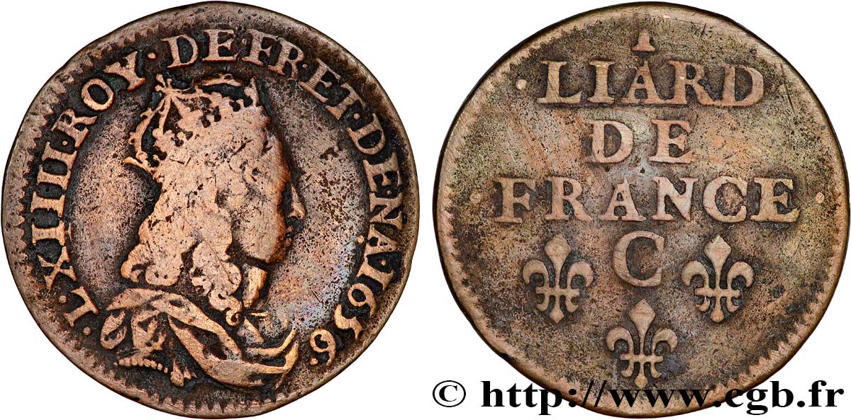 LOUIS XIV LE GRAND OU LE ROI SOLEIL Liard de cuivre, 2e type 1656 Caen TB+
