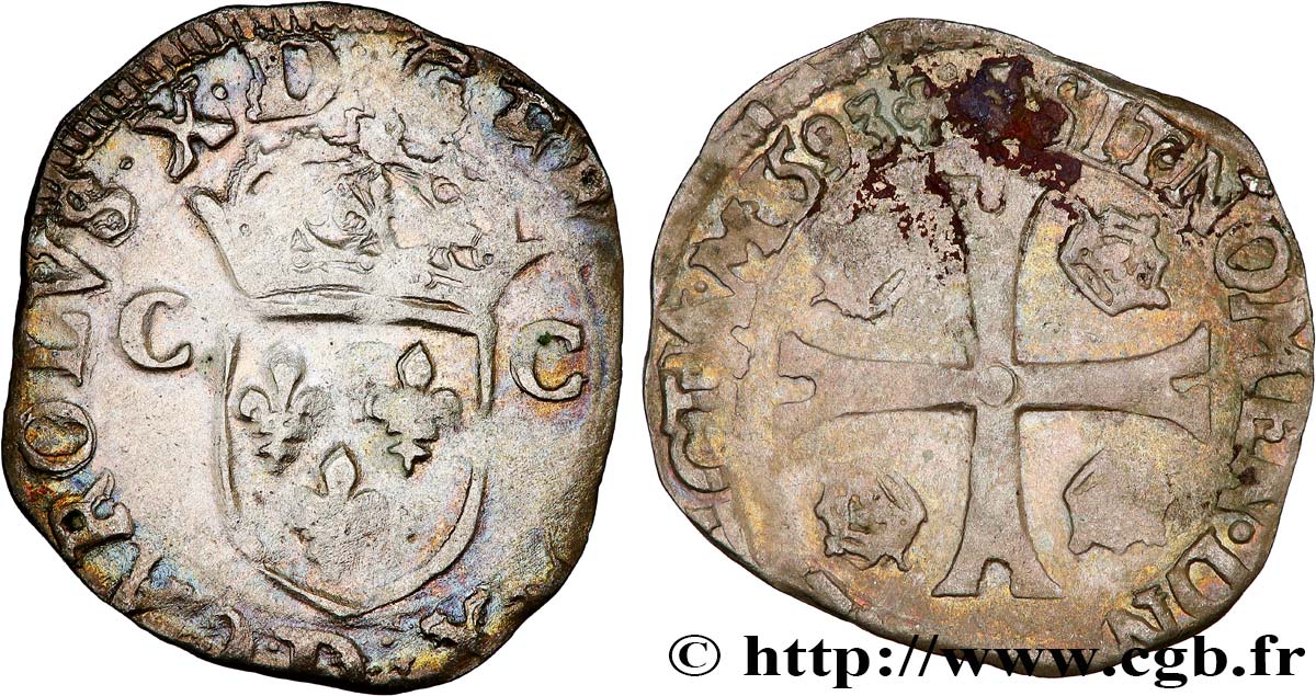 CHARLES X, CARDINAL DE BOURBON Douzain aux deux C, 1er type 1593 Lyon TB