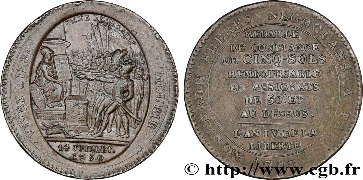 REVOLUTION COINAGE Monneron de 5 sols au serment (An IV), 3e type 1792 Birmingham, Soho VF/XF