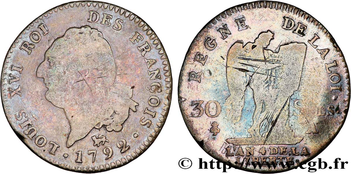 LOUIS XVI 30 sols dit  au génie , type FRANÇOIS 1792 Paris BC