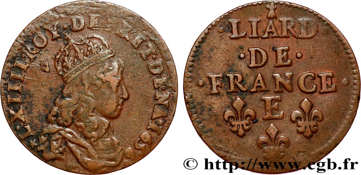 LOUIS XIV  THE SUN KING  Liard de cuivre, 2e type 1656 Meung-sur-Loire S/fSS