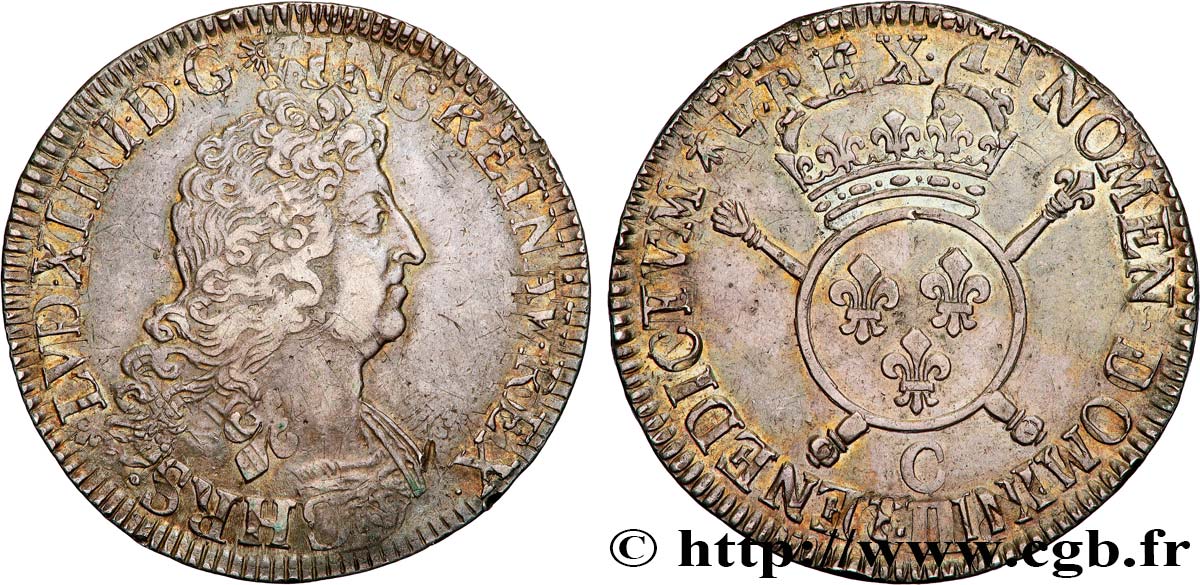 LOUIS XIV  THE SUN KING  Écu aux insignes 1702 Caen q.SPL