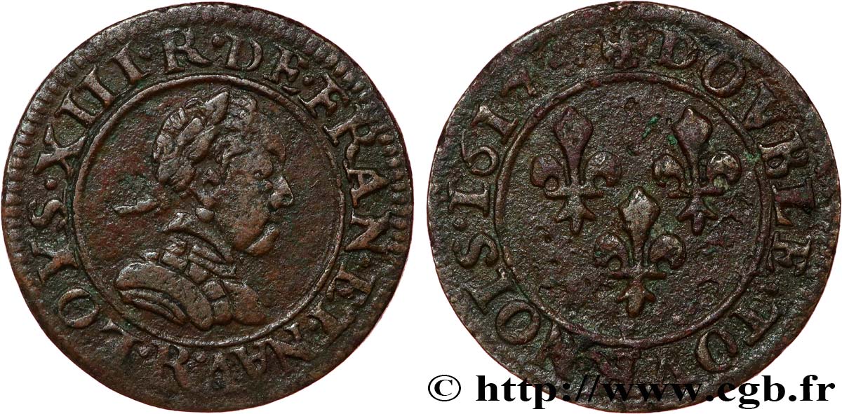 LOUIS XIII LE JUSTE Double tournois, buste adolescent, type 1 1617 Saint-André de Villeneuve-lès-Avignon TB+