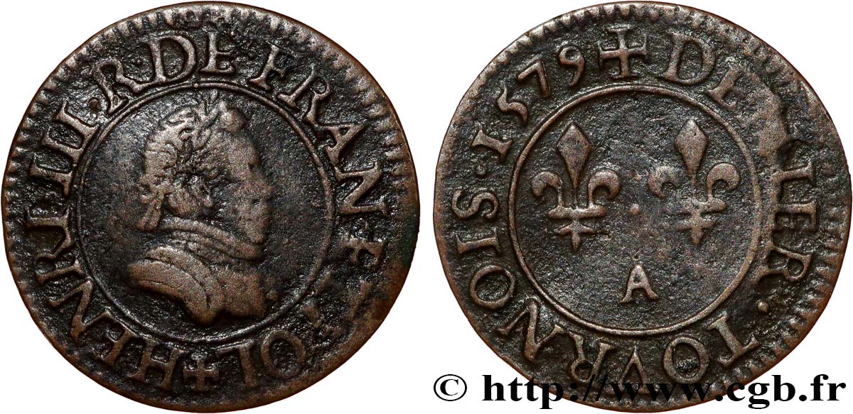 HENRI III Denier tournois, 1er type de Paris 1579 Paris, Moulin des Étuves TB+