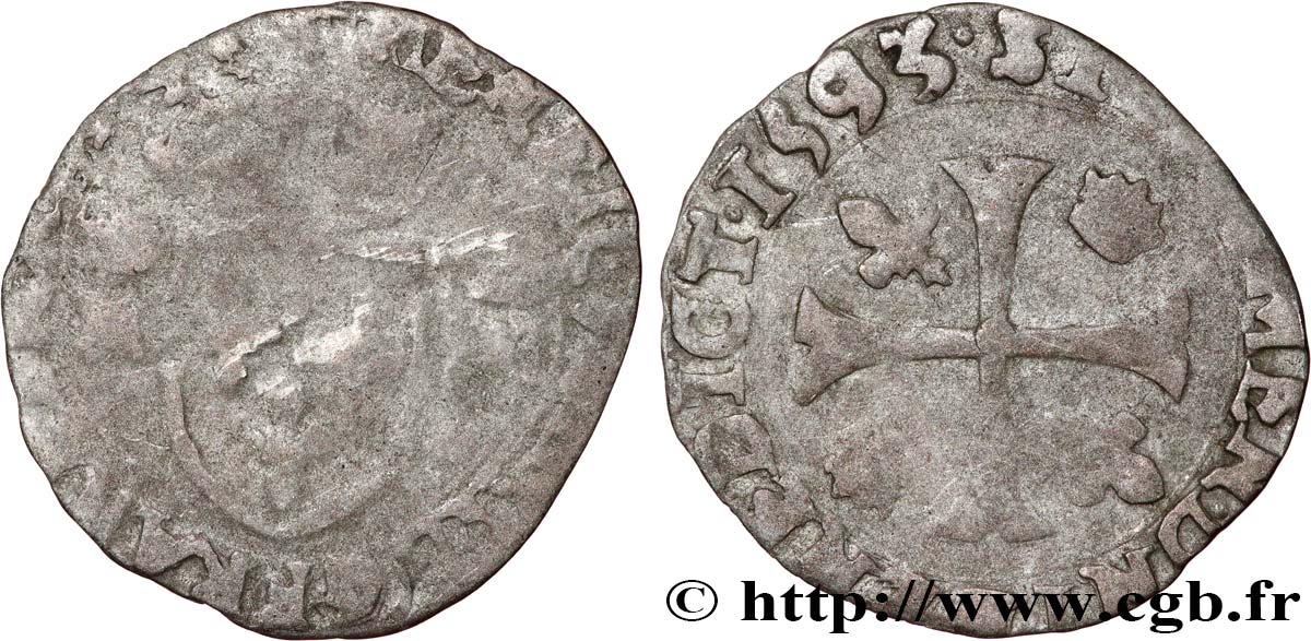 HENRI IV LE GRAND Douzain aux deux H couronnées, 9e type 1593 Clermont-Ferrand B/TB