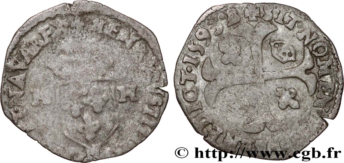 HENRI IV LE GRAND Douzain aux deux H, 2e type 1593 Montpellier TB