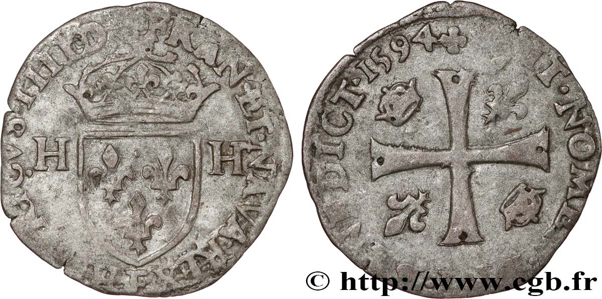 HENRY IV Douzain aux deux H, 2e type 1594 Tours S