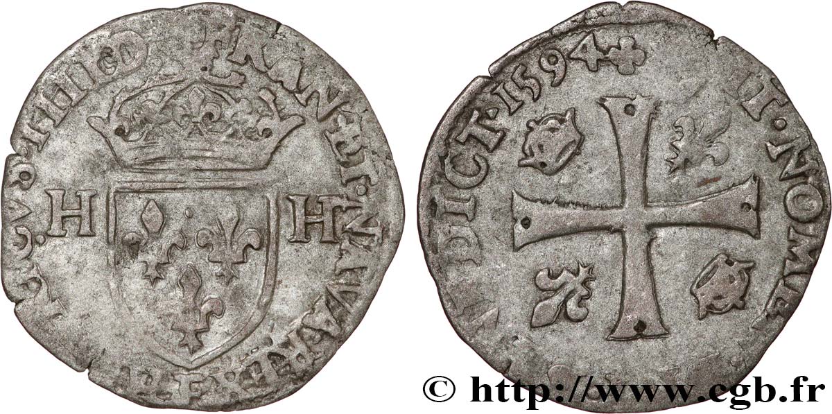 HENRI IV LE GRAND Douzain aux deux H, 2e type 1594 Tours TB